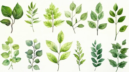 Watercolor painted botanical illustration of various green leafy branches