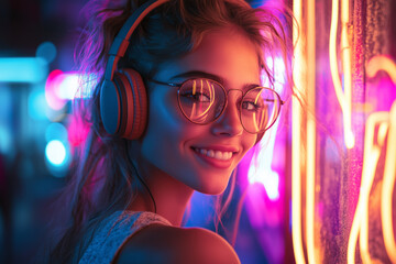 Young woman enjoys music while smiling near vibrant neon lights at night