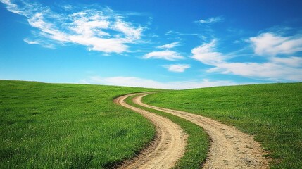 Obraz premium Winding Dirt Road Through Grassy Field Under Bright Blue Sky