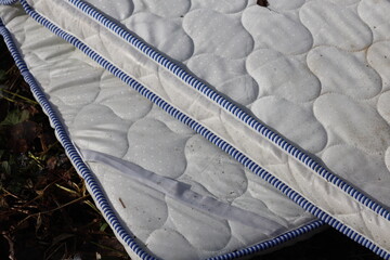 A pair of mattresses lying flat on the ground, possibly discarded or abandoned.