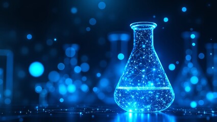 Digital illustration of a glowing erlenmeyer flask a fusion of science and technology amidst abstract geometry