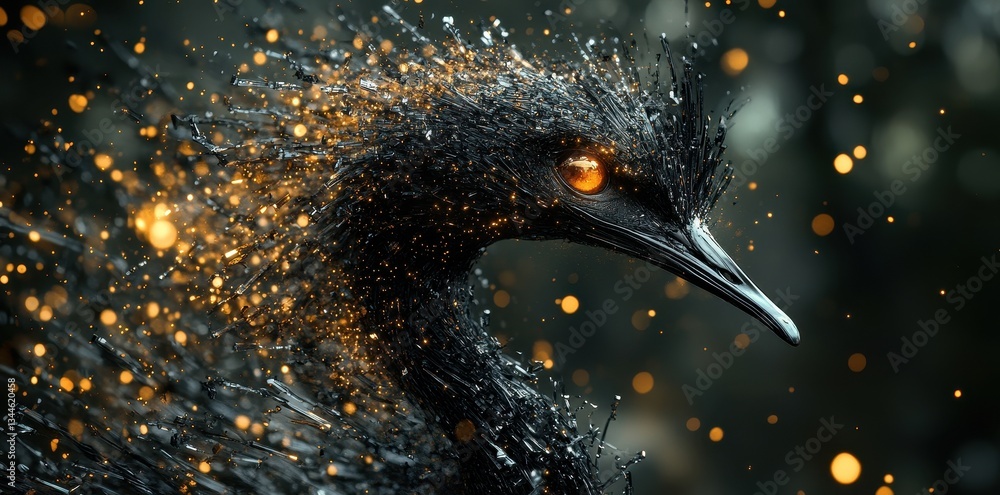 Poster a digitally created avian creature displays striking golden illuminated elements
