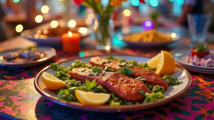 Grilled salmon with herbs and lemons on vibrant table setting