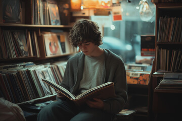 Teenager immersed in a book at a cozy vintage record store