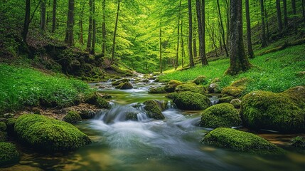 Obraz premium Serene Spring Landscape with Flowing River in Lush Green Forest