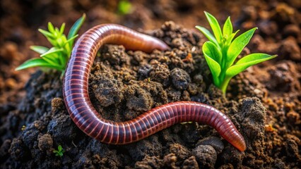 Close-up view of a vibrant earthworm amidst thriving seedlings in fertile soil