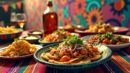 Vibrant mexican fiesta: colorful tacos and traditional cuisine on festive table