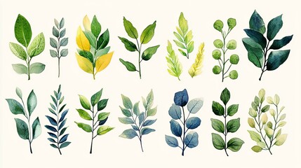 Beautiful Hand Painted Watercolor Illustrations of Various Different Green Leaves