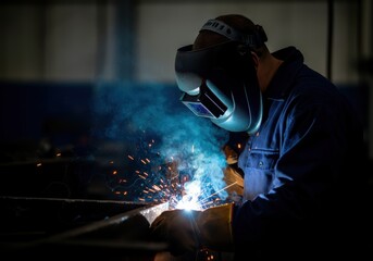 Welder working on metal with sparks flying and smoke in the air