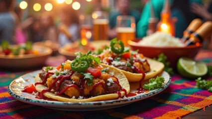 Vibrant mexican fiesta with tacos and drinks under festive lights
