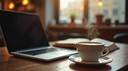 A steaming cup of coffee sits beside an open laptop and book on a wooden table, illuminated by warm sunlight streaming through a window
