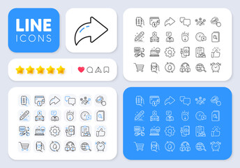Search files, Scroll down and Video conference line icons for web app. Message, Share, Like social media icons. Pack of Market sale, Wallet, Time pictogram icons. Vector