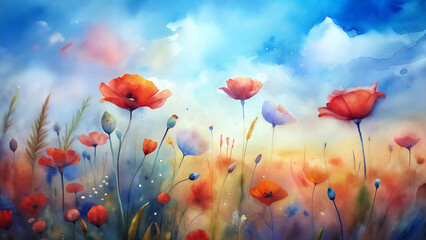 Vibrant Spring Flowers Blooming Against a Colorful Sky  
