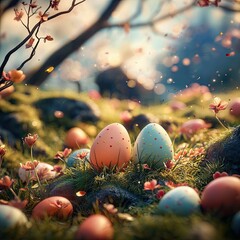 Easter nature display A serene spring scene showcasing colorful eggs nestled among flowers and lush greenery, evoking feelings of renewal, joy, and seasonal beauty