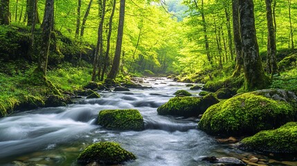 Obraz premium Tranquil Spring Forest with Flowing River and Lush Greenery