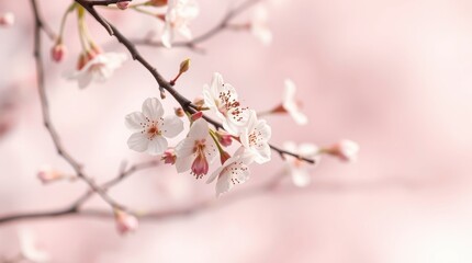 Fototapeta premium Blooming Cherry Branch Close Up with Soft Pink Blurred Background