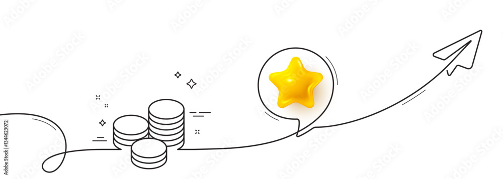 Poster coins money line icon. continuous line with share plane. banking currency sign. cash symbol. 3d star