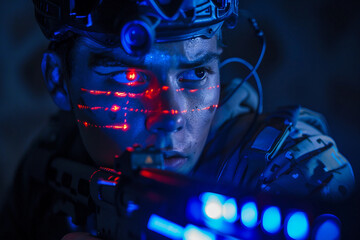 Dynamic paintball player in action with vibrant splashes of color - Generative AI artwork