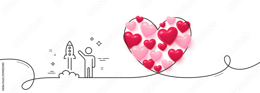 Poster launch project line icon. continuous line big heart. startup rocket sign. innovation symbol. 3d hear