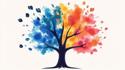 Fototapeta premium Watercolor Tree of Seasons Abstract Art with Colorful Leaves, Nature , Seasons