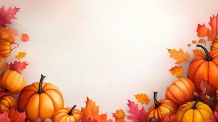 Naklejka premium Watercolor Autumn Frame Pumpkins, Fall Leaves and Empty Space ,Autumn, Watercolor