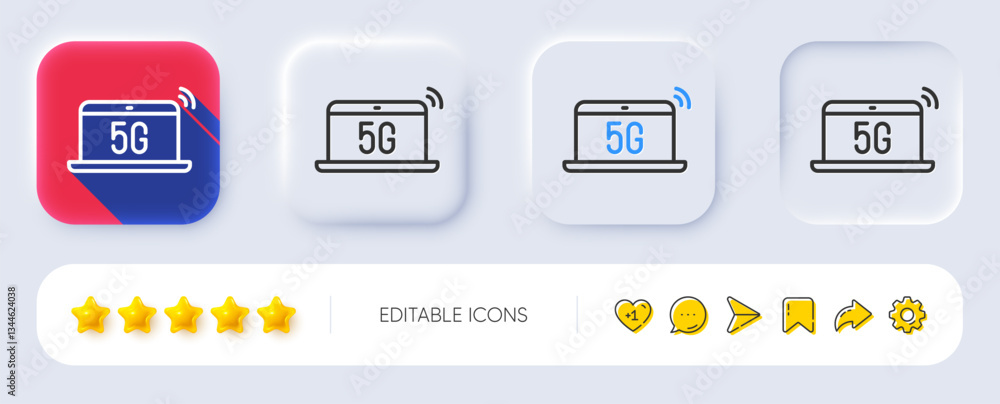 Poster 5g notebook line icon. neumorphic, flat shadow, 3d buttons. wireless technology sign. mobile wifi in