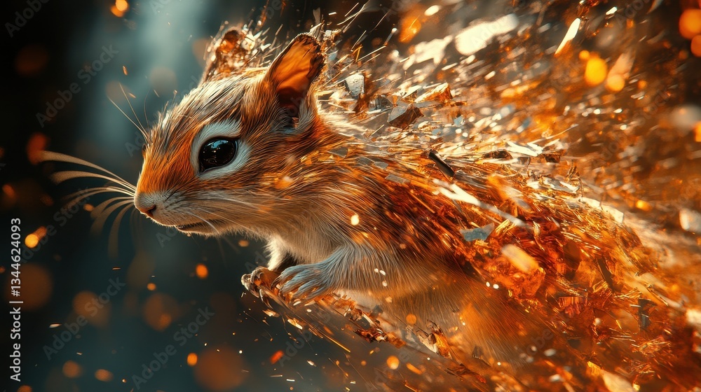 Poster an artistic rendering depicts a squirrel exploding into brilliant shards