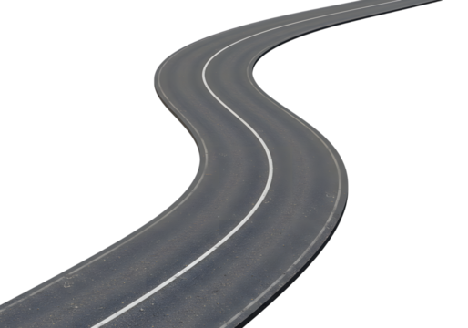 Curving Asphalt Road with White Lane Markings Isolated on PNG Background.