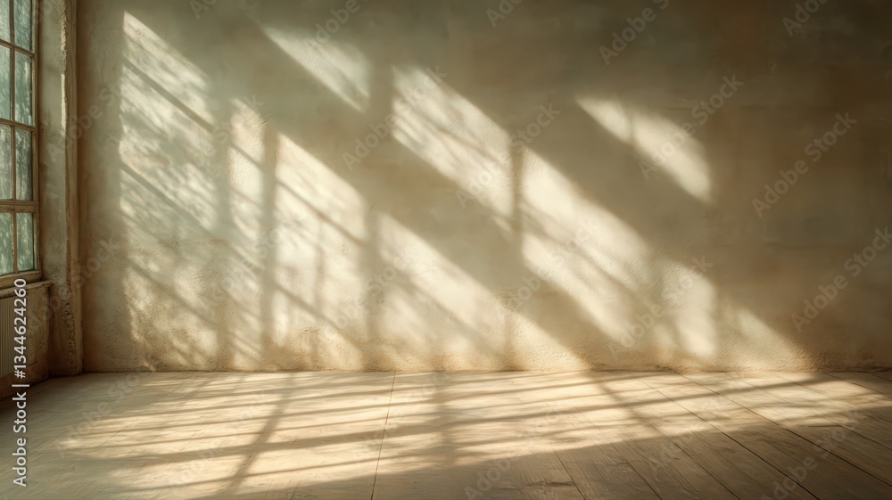 Poster Sunlight Illuminating an Empty Room with Textured Walls