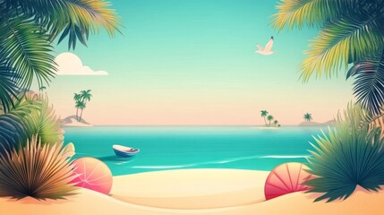 Tropical Beach Scene with Palm Trees, Boat and Seagull, Vacation , Paradise