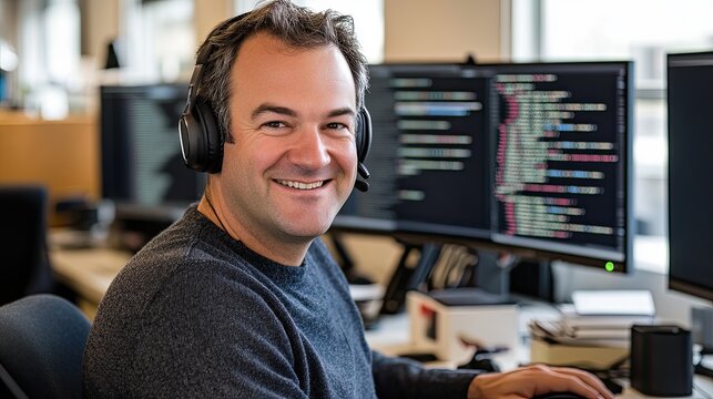 A male software engineer, dressed professionally, uses headphones while coding on a desktop computer. As a website developer, he works on app and video game development, enjoying music or a podcast