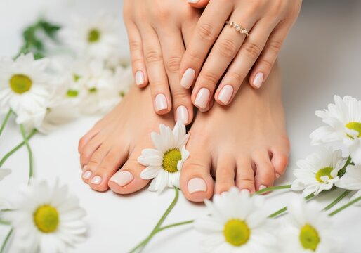 Elegant hands and feet with manicured nails surrounded by daisies