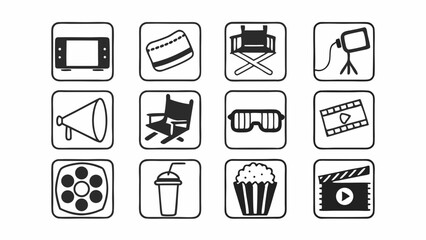 Cinema Movie Icons Set in Line Art Style &ndash; Film, Camera, Clapperboard, Tickets