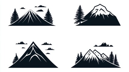 Obraz premium Mountain Landscape Set Black and White Icons with Pine Trees, peaks ,nature ,outdoor