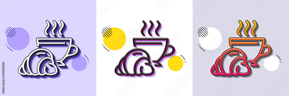 Poster croissant line icon. halftone dotted pattern. gradient icon with grain shadow. coffee cup with bun s