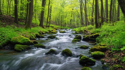 Obraz premium Tranquil Spring Forest Landscape with Flowing River and Lush Greens