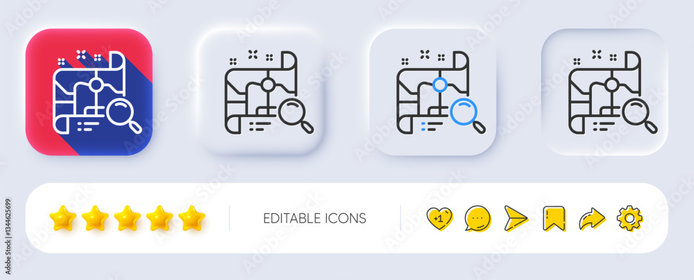 Poster search map line icon. neumorphic, flat shadow, 3d buttons. find location address sign. line search m