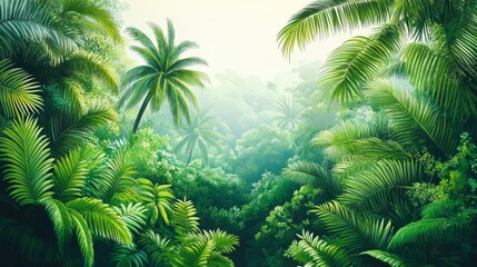 Lush Tropical Forest Emerald Palms and Mist, Exotic ,Jungle