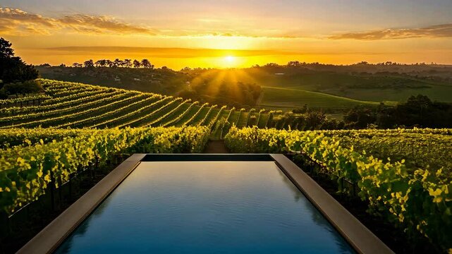 A serene infinity pool overlooking a sprawling vineyard under a golden sunset vibe