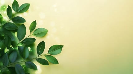 Obraz premium Green Leaves on Soft Yellow Background with Bokeh Effect, Nature, Botanical