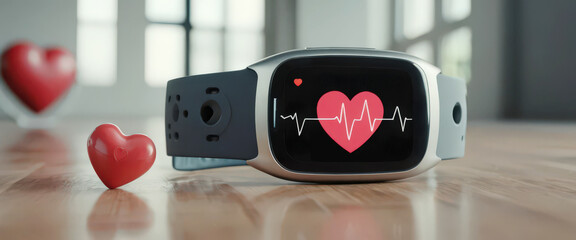 Smartwatch displaying heart rate monitoring with red heart symbols.