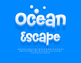 Vector Travel flyer Ocean Escape. Playful White Font. Artistic 3D Alphabet Letters and Numbers set.