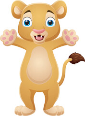 Happy cartoon lion posing on white background