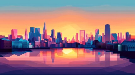 Cityscape Reflection Geometric Buildings at Sunset Over Water, Urban, Skyline
