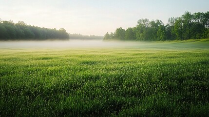 Obraz premium Fresh Crisp Spring Morning in Serene Green Field with Fog