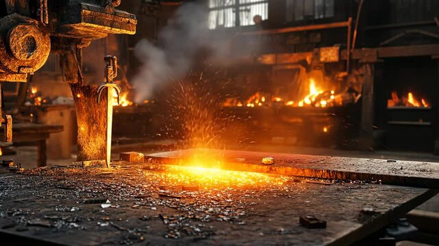 A mystical forge where glowing swords and enchanted armor are being crafted vibe