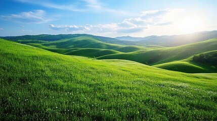 Fototapeta premium Lush Green Rolling Hills Under a Bright Spring Sky