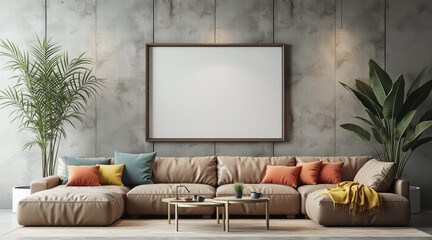 modern beige sectional sofa with large canvas print in contemporary living room