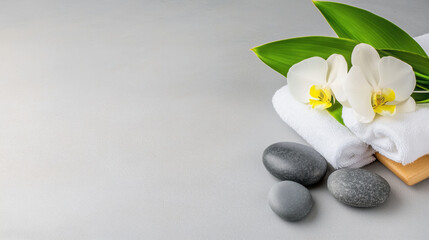 White orchid flowers with green leaves on folded towels with gray massage stones against light background. Spa wellness concept for massage therapy services and beauty salon advertising