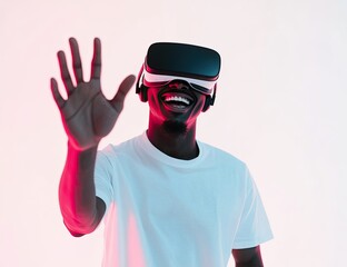 Naklejka premium An enthusiastic young African American man is captivated by the metaverse, sporting high-tech virtual reality goggles